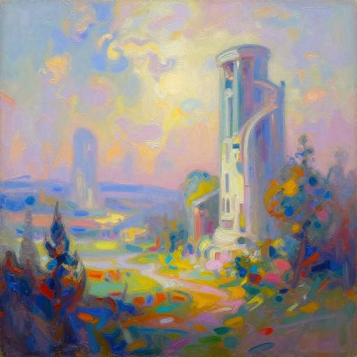 Vibrant impressionist painting of a sunlit, multi-colored landscape with a tall, white, cylindrical structure on the right, surrounded by lush,