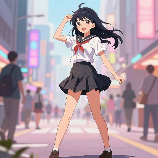 Anime-style digital drawing of a black-haired, blue-eyed schoolgirl in a white sailor top and black skirt, standing confidently on a bustling city street with