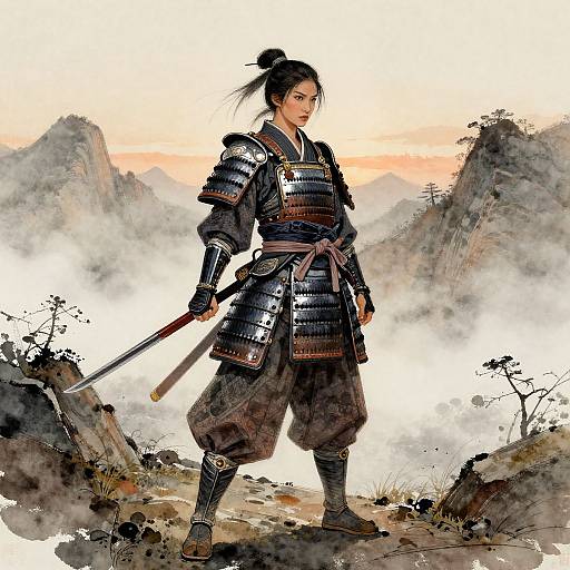 Digital illustration of a fierce samurai with black hair in a topknot, wearing detailed armor, standing on a misty mountain path at sunrise,