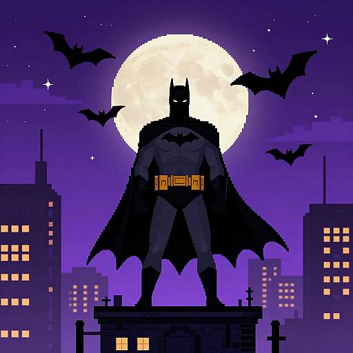 Pixel art of Batman standing on a rooftop, silhouetted against a full moon, with black bats flying in a purple night sky. Citiescape