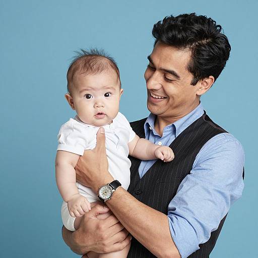 Smiling Man Holding Baby on Blue Background
