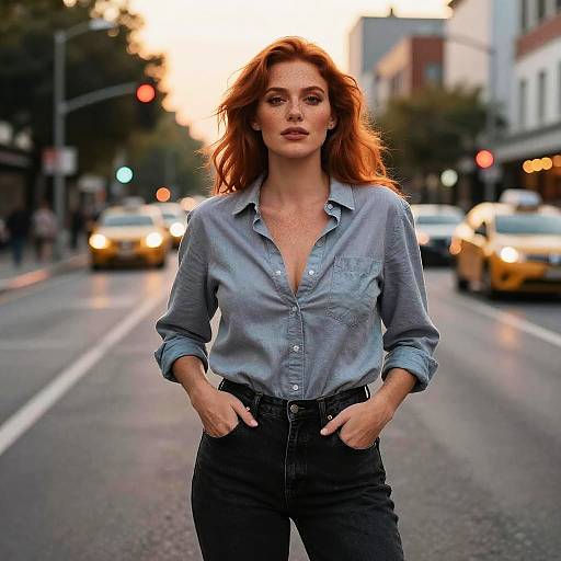 Photograph of a confident red-haired woman in a blue button-up shirt and black jeans, standing on a busy city street at sunset, with yellow taxis