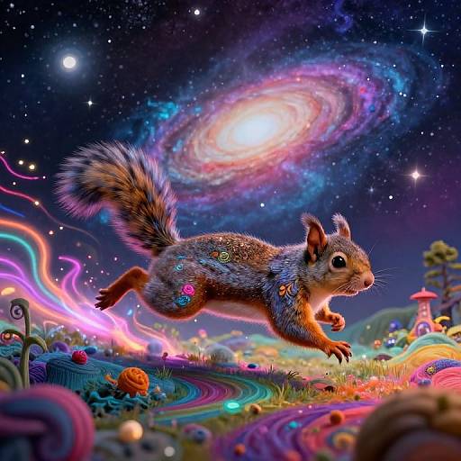 Digital artwork of a vibrant, glittery squirrel leaping through a colorful, surreal landscape with swirling lights, galaxies, and fantastical plants.