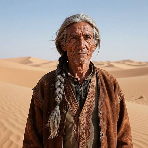 Photograph of an elderly man with long gray hair in a braid, wearing a brown embroidered jacket, standing in a bright, sandy desert under a