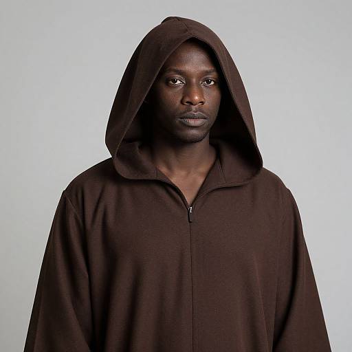 Photograph of a serious, dark-skinned man with a strong jawline, wearing a brown hooded sweatshirt, against a plain white background.