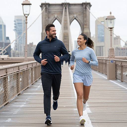 Photograph of a bearded man in black athletic wear and a woman with long brown hair in light blue shorts and long-sleeve shirt jogging on