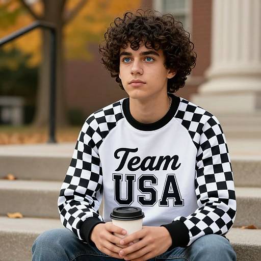 Photograph of a young man with curly brown hair, blue eyes, wearing a black-and-white checkered Team USA shirt, sitting on steps with a