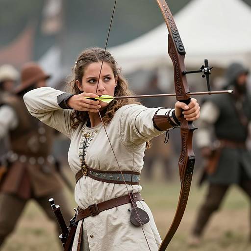 Photograph of a young woman with wavy brown hair, wearing a white medieval-style dress, drawing a bow with a yellow arrow. Blurred background