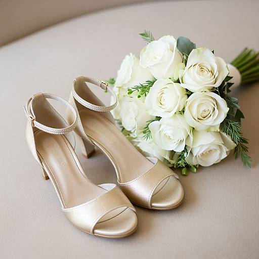 Photograph of shiny gold high-heeled sandals beside a bouquet of white roses with greenery, on a soft beige surface.