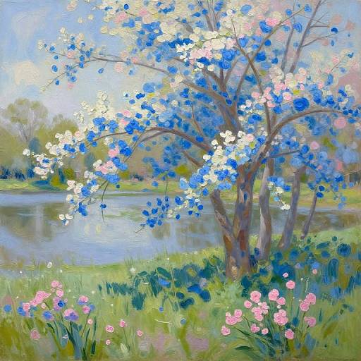 Impressionist painting of a blooming tree with blue and white flowers, pink flowers in foreground, beside a calm lake and green meadow. Bright