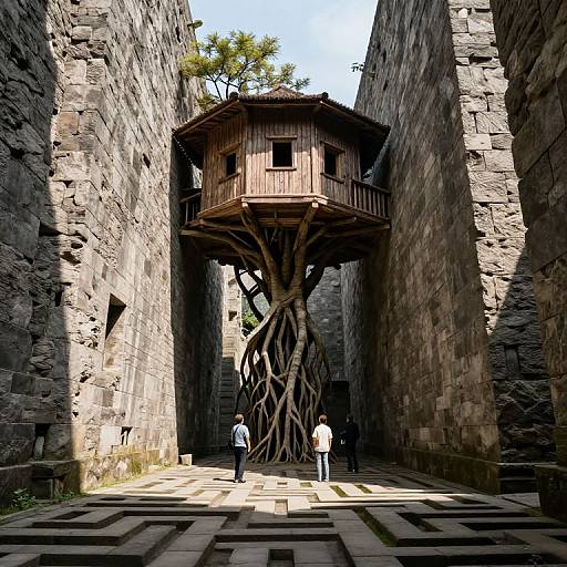 Surreal Treehouse Between Stone Towers