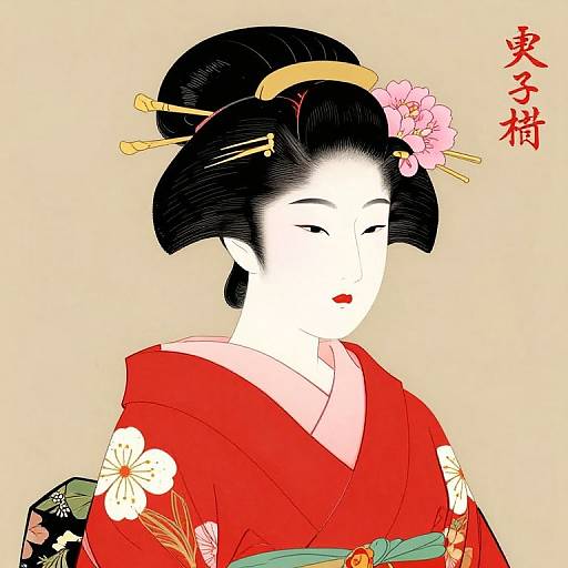 Digital illustration of a traditional Japanese woman in a red kimono with floral patterns, black hair styled with hairpins, and a pink flower, against a