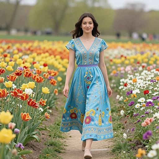 Photograph of a smiling young woman with dark hair wearing a blue embroidered dress, walking through a vibrant tulip garden.