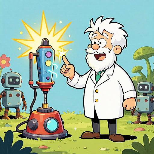 Cartoon scientist with white hair and beard, wearing a white lab coat, points at a glowing, starburst-emitting machine surrounded by three robots in
