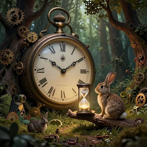 Photorealistic digital art: oversized vintage clock with Roman numerals, surrounded by forest, gears, rabbits, and glowing lantern, illuminating enchanted forest