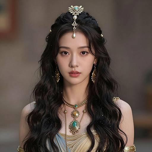 Photograph of an East Asian woman with long black wavy hair, wearing ornate gold jewelry, turquoise gemstones, and a headpiece, against