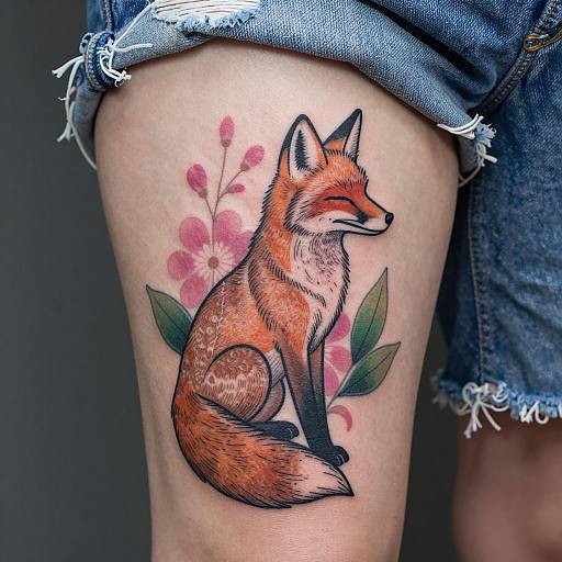Fox Tattoo on Thigh with Floral Background
