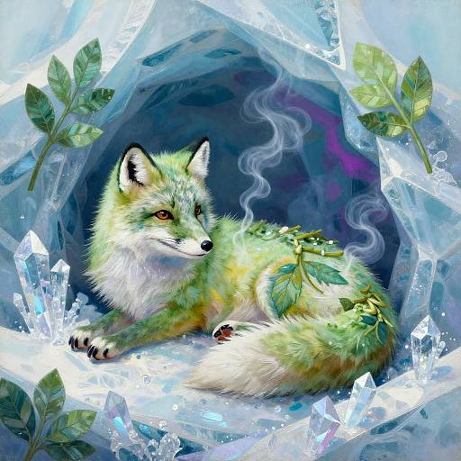 Digital painting of a green and white fox with leaf accents, lying on ice crystals, surrounded by blue and purple hues.