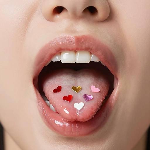 Close-up of Mouth with Colorful Heart Stickers on Tongue