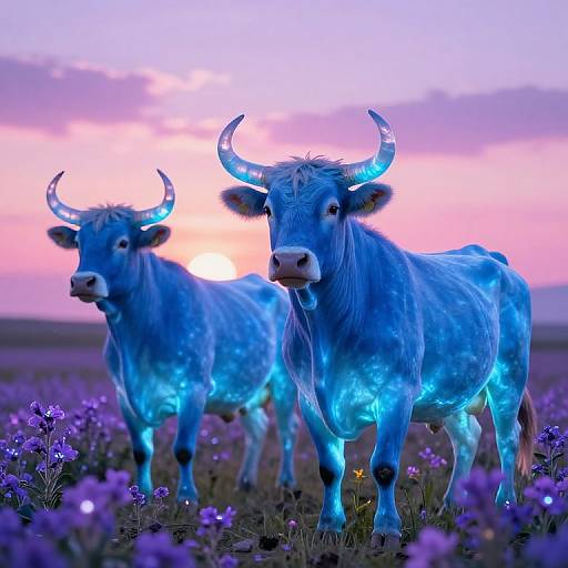 Luminous Blue Cow Creatures in Glowing Field