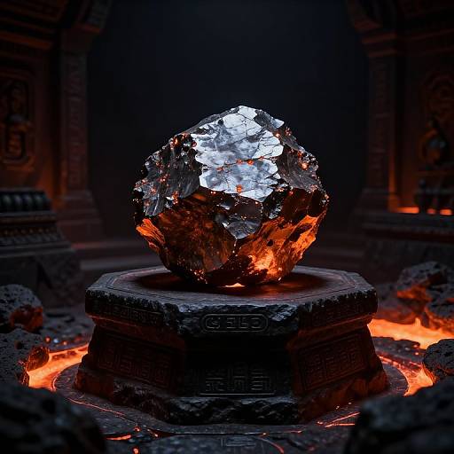 Photograph of a glowing, crystalline gemstone on a hexagonal pedestal, surrounded by orange molten lava and dark, ornate pillars.
