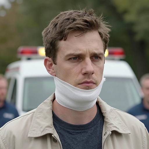 Serious Man in Beige Jacket with Bandage