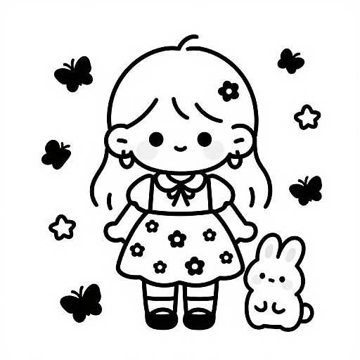 Chibi Girl in Floral Dress Illustration