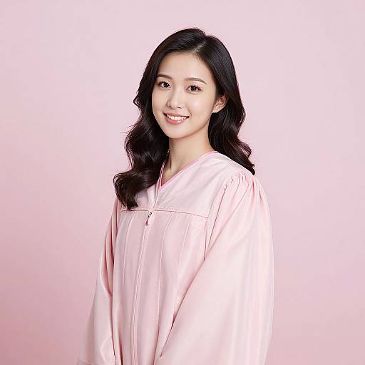 Photograph of an Asian woman with long black hair, smiling, wearing a pink satin robe, against a soft pink background.
