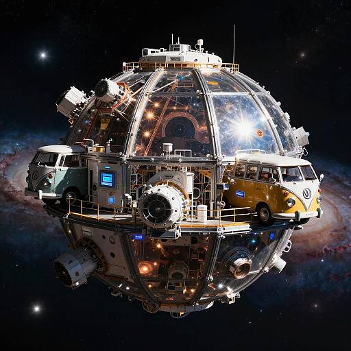 Futuristic Icosahedral Space Research Hub with Vintage VW Buses