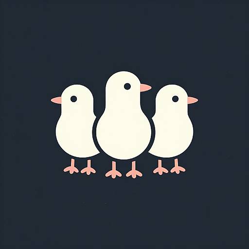 Three white, minimalist, cartoon-style baby chicks with pink beaks and feet stand side by side on a solid dark blue background.