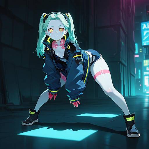 Digital anime-style illustration of a pale-skinned, blonde-haired girl with yellow eyes, wearing a dark blue jacket, black shorts, and high-top sneakers