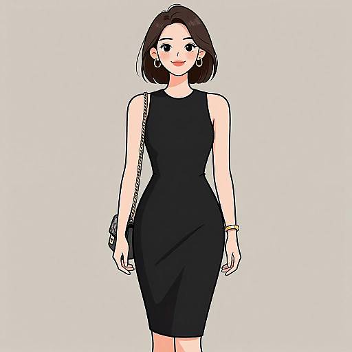 Digital illustration of a confident woman with short brown hair, wearing a sleeveless black dress, gold bracelet, and small white handbag. White background.