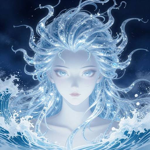 Digital art of a radiant, ethereal woman with glowing white hair and eyes, surrounded by swirling water and light in a dark blue background.