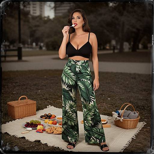 Photograph of a woman in a black crop top and green leaf-patterned high-waisted pants, standing on a picnic blanket in a park,