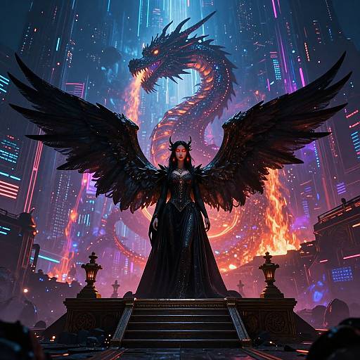 Digital artwork of a dark-winged, armored queen with a horned helmet, standing on a raised platform against a neon cityscape with a fiery,