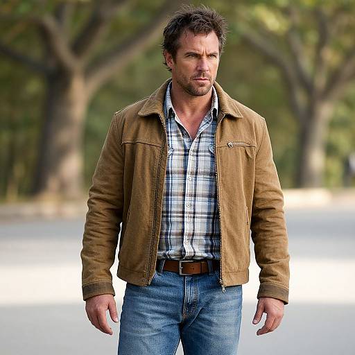 Photograph of a rugged, handsome man with short brown hair, wearing a brown jacket, plaid shirt, blue jeans, and brown belt, walking