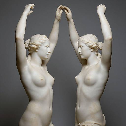 Photograph of two classical white marble statues of nude, slender women with raised arms, intertwined hands, and delicate, serene expressions.
