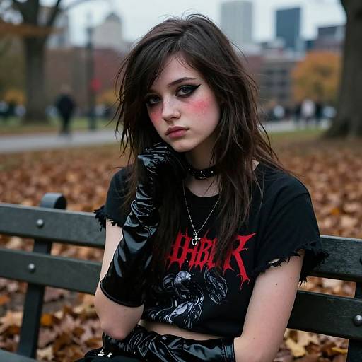 Photograph of a young woman with pale skin, dark hair, and pink blush, wearing a black 