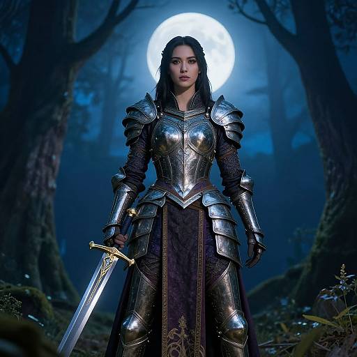 Digital art: Young woman with dark hair, wearing silver medieval armor, standing in a moonlit forest, holding a sword, serious expression.