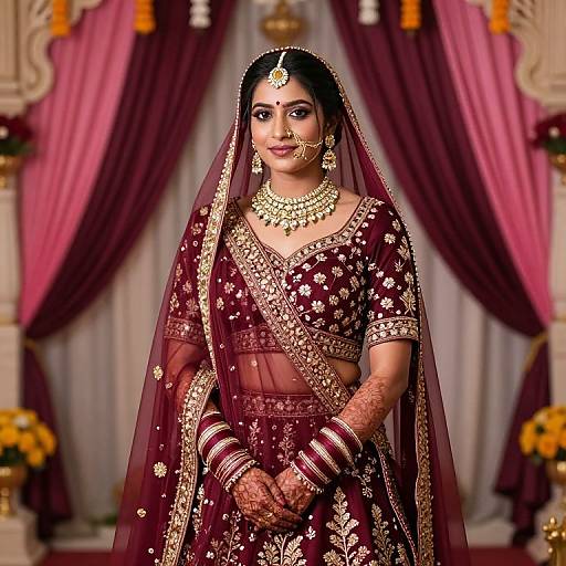 Photograph of a South Asian bride in a maroon and gold traditional lehenga with intricate embroidery, veil, and jewelry, standing in a decorated,
