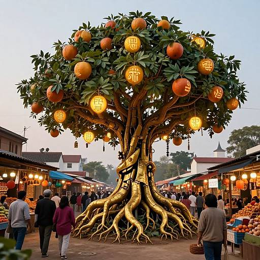Photograph of a giant orange tree with glowing lanterns, intricate golden roots, in a bustling evening market, people shopping around.