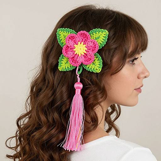 Photograph of a young woman with wavy brown hair, wearing a colorful crocheted flower hair accessory with green leaves, pink petals, and a