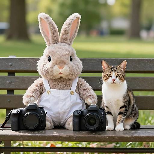 Humanoid Bunny and Cat on Bench