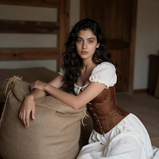 Kneeling Woman in Rustic Wooden Room