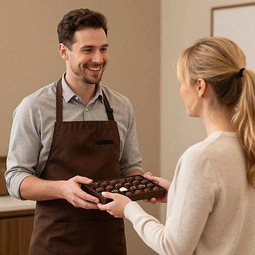 Photograph of a smiling male baker with short dark hair, wearing a grey shirt and brown apron, offering a chocolate tray to a blonde woman in
