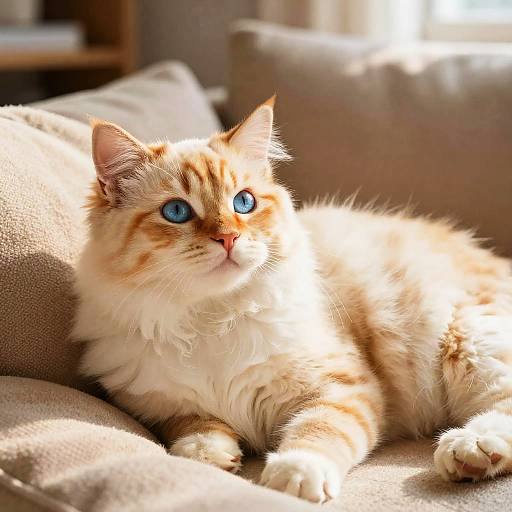 Photograph of a fluffy, orange and white tabby cat with bright blue eyes lounging on a sunlit beige couch, looking alert.