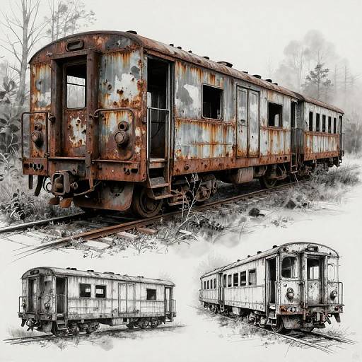 Digital drawing of a rusted, abandoned train car with multiple close-up sketches of similar cars below, showcasing decay and wear.