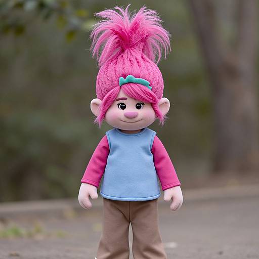 Photograph of a whimsical, cartoon-style doll with bright pink hair in a high ponytail, blue top, pink sleeves, brown pants, standing