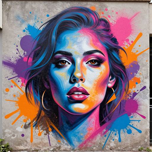 Vibrant digital portrait of a woman with blue, pink, and orange splashes, large hoop earrings, and intense gaze, against a textured gray