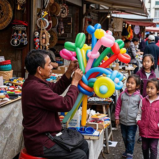 Photograph of an Asian man inflating colorful balloon figures at an outdoor market, with children and vendors in the background.